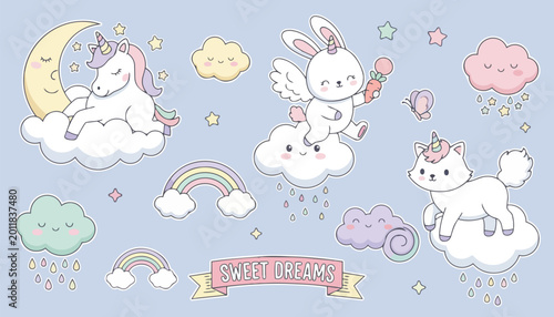 Cute Cartoon Unicorns, Bunny, Clouds, Rainbows Vector Illustration