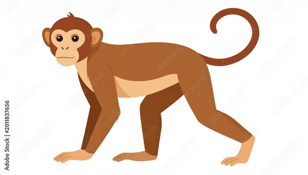 Obraz premium Cute Brown Monkey Standing in Simple Cartoon Style on White Background