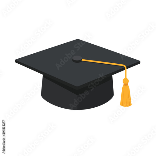 Black graduation cap with yellow tassel on top