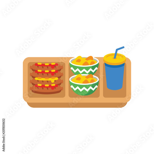 Flat design illustration of a school cafeteria lunch tray featuring grilled sausages with condiments, two side bowls of food, and a beverage cup with a straw isolated on white.