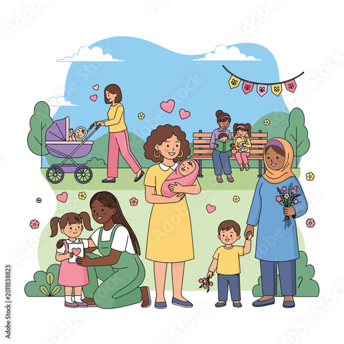 Family shopping at outdoor market with fresh produce and flowers