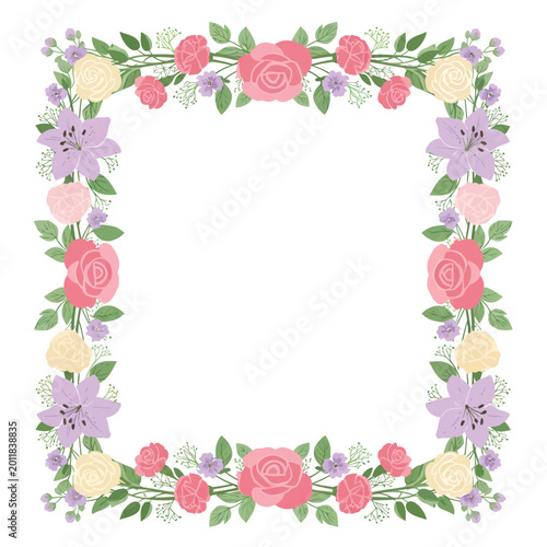 Pink roses flower heart shape frame on branch with leaves