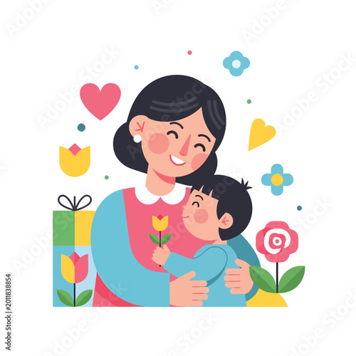 Mother hugging happy child with colorful hearts and flowers