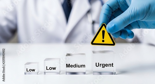 Medical professional wearing blue gloves places a yellow caution warning sign on top of a clear glass block labeled urgent to signify critical healthcare priority levels in a clinical setting