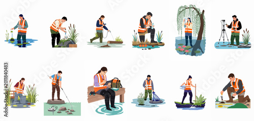 Foto Illustration set of environmental scientists and ecologists conducting field research, water quality testing, and ecosystem monitoring in various wetland environments