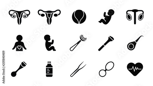Tableau sur toile Set of 15 Black and White Reproductive Health and Gynecology Icons Vector