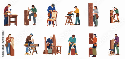 Konstfotografi Set of diverse men and women woodworkers and woodcarvers engaged in various woodcraft projects and artisanal carving isolated on white background