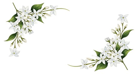 Decorative jasmine flower border with white blossoms and green leaves