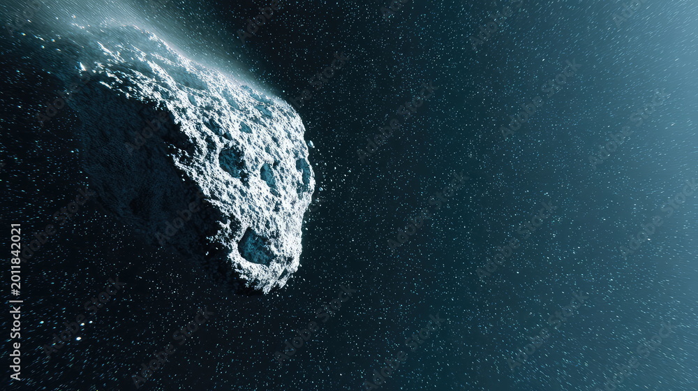 Fototapeta premium Rocky asteroid streaking through deep space, craters and debris illuminated by distant starlight against a dark, starry cosmic background, 3d rendered motion scene
