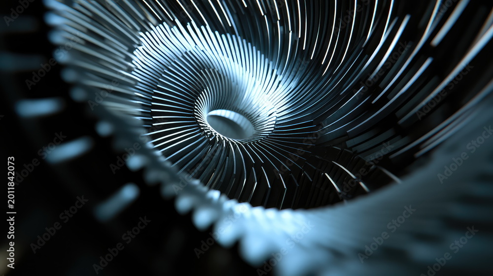 Fototapeta premium Abstract metal spiral tunnel forming a dynamic geometric structure, creating a modern, abstract background with depth and movement for various concepts