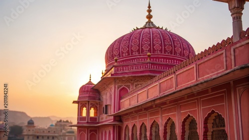 Stunning view of indian pink city jaipur with intricate architecture and glowing sunset creating warm and peaceful atmosphere