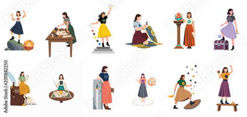 Valokuva Flat vector illustration set of women characters participating in tabletop role-playing games with dice, miniatures, maps, and fantasy elements on white background