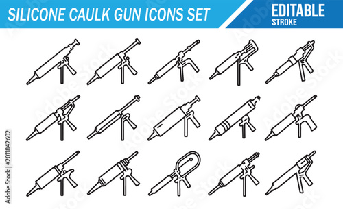 Silicone caulk gun icons set with sealant applicator tools, cartridges, nozzles and construction repair equipment in outline style