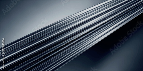 Fotografi Parallel metallic tracks with sharp reflections in a cold dark background creati