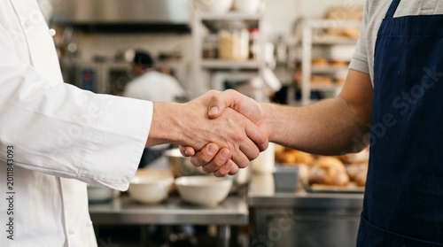 Professional handshake in a busy restaurant kitchen