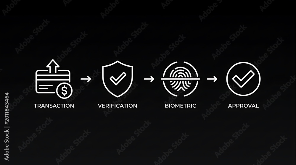 Fototapeta premium Digital payment flowchart infographic featuring minimalist white line icons for financial transaction verification biometric authentication and secure approval process