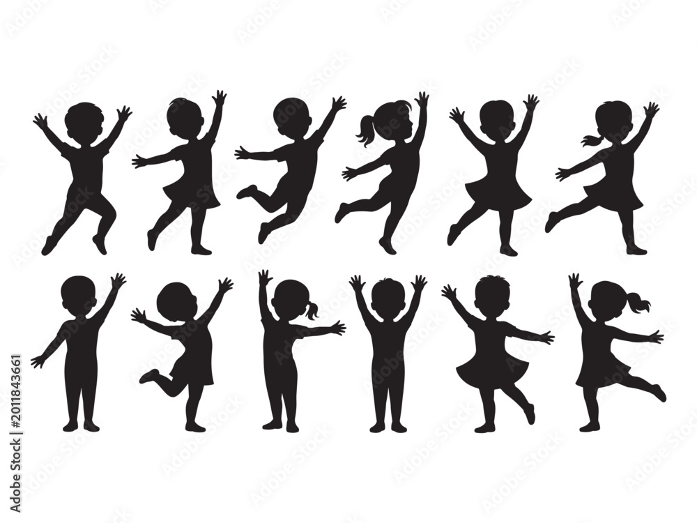 Obraz premium Collection of black silhouettes of happy children dancing, jumping, and celebrating with arms raised, isolated on a white background, representing joy, excitement, and childhood fun