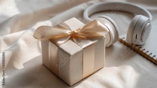 Beautifully wrapped neutral gift box with satin ribbon beside headphones and minimal planner