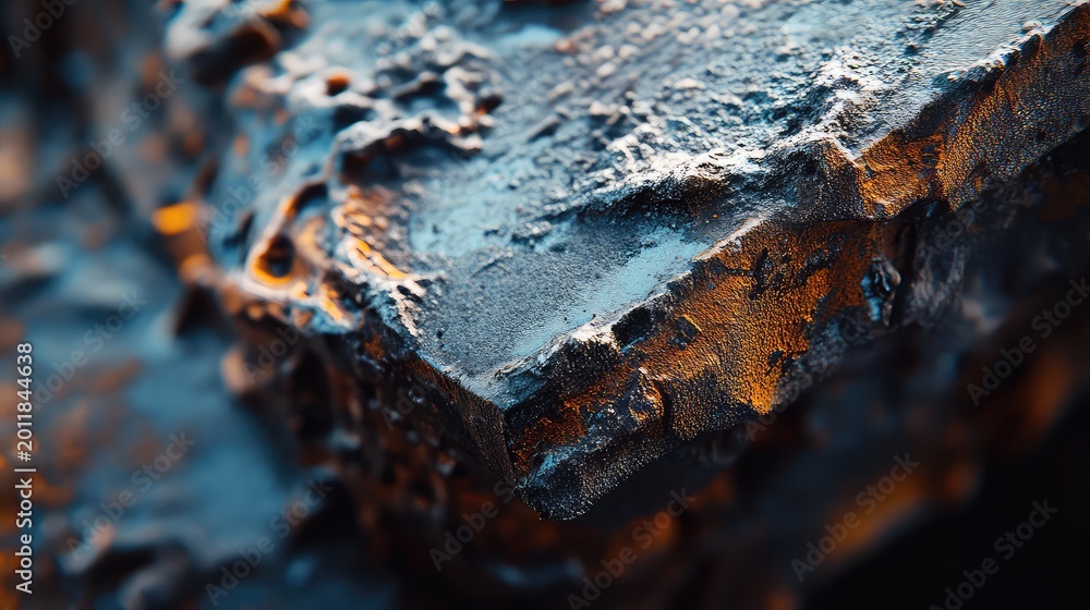 Fototapeta premium Rough industrial surface shows intricate blue and orange hues, highlighting its dense and textured material, creating an abstract background full of contrasts
