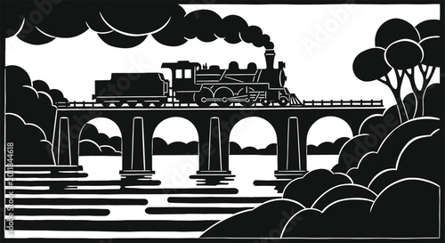Obraz na płótnie Vintage steam train crossing a bridge over a serene river landscape