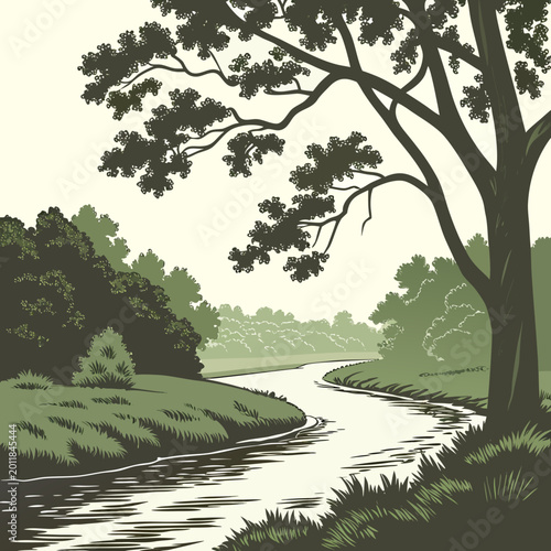 Valokuva Flowing river through forest canopy vintage woodcut style illustration high qual