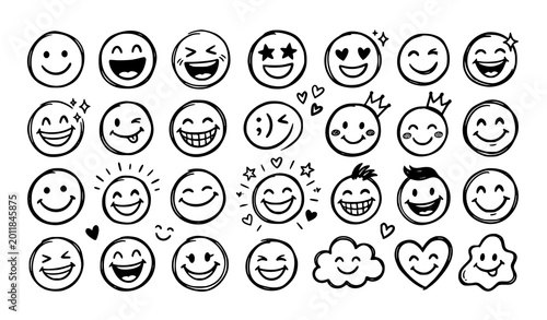 Hand drawn smile emotion doodle set with happy abstract funny face icons vector