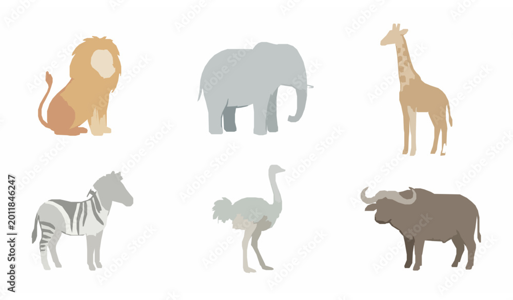 Obraz premium Cute cartoon savanna animals watercolor vector set with lion elephant giraffe zebra isolated on white background