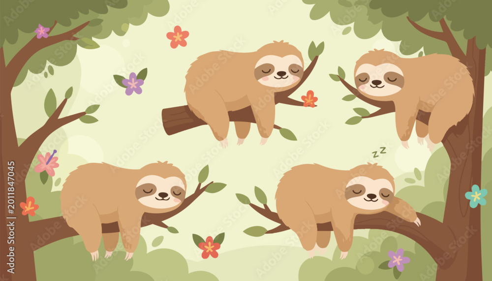 Fototapeta premium Cute Sloth Sleeping on Tree Branch Illustration Vector