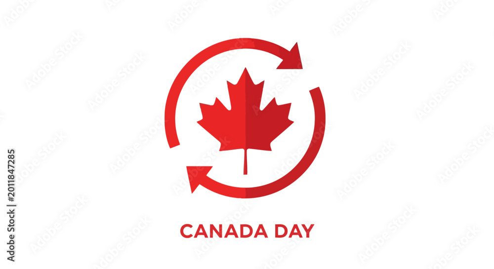 Fototapeta premium Canada Day maple leaf emblem with arrows symbolizing national unity and celebration.