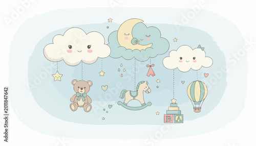 Cute Baby Shower Clouds and Toys Illustration Vector