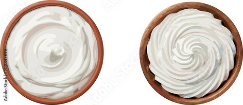 Fotografie Two Wooden Bowls With Whipped Cream And Sour Cream Swirl Isolated On White Back