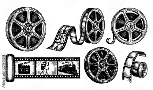 Fotografie Vintage film reel vector illustration set with classic cinema movie strip engrav