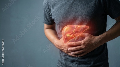Person experiencing liver pain or disease, with a glowing illustration of the liver superimposed on their abdomen.
