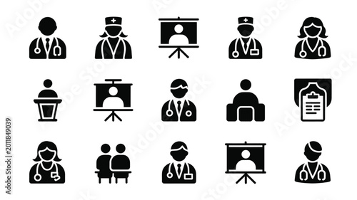 Photos Set of 15 Black Medical Conference and Doctor Icons Vector