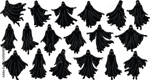 Bild auf Leinwand black silhouettes of ghostly figures in various poses on white background