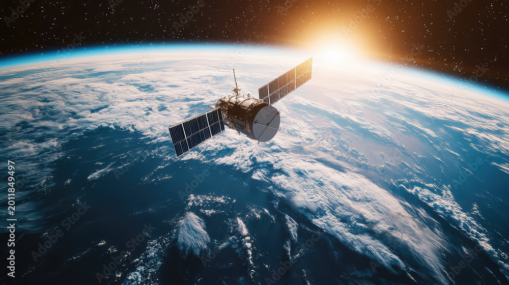Fototapeta premium Satellite orbiting earth, with solar panels extended, at sunrise from outer space, highlighting global communication, exploration, and advanced technology