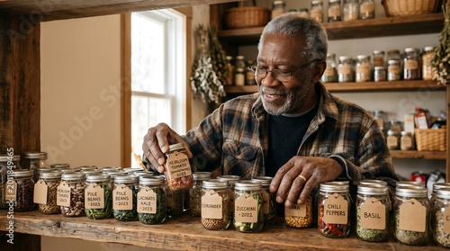 Elderly african american man organizing organic dried herbs and spices in glass jars on rustic wooden shelves in a cozy country kitchen setting with warm natural lighting