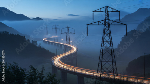 Winding road with power lines and towers in a mountainous landscape at dusk with fog
