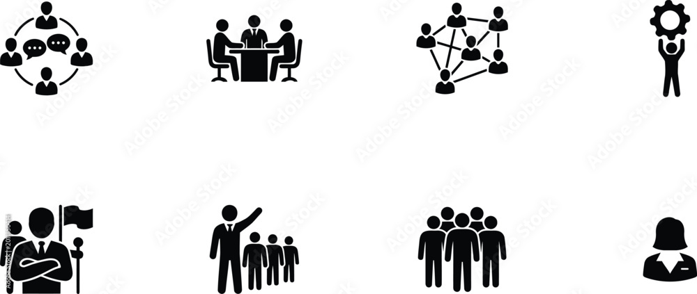Fototapeta premium Business teamwork concept icons black silhouette office vector collection