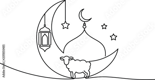 Foto Continuous line art drawing of a mosque dome minaret a sheep within a large cres