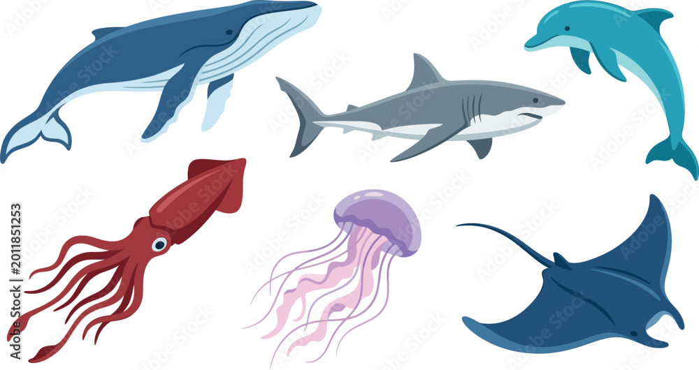 Obraz premium Cartoon shark and sea animal vector illustration set featuring a blue dolphin and marine life swimming underwater in a white isolated ocean nature scene
