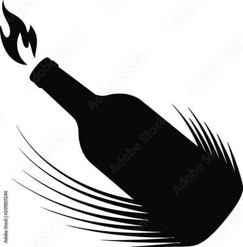 Tableau sur toile Black silhouette of a burning bottle with flame and smoke trails resembling a mo