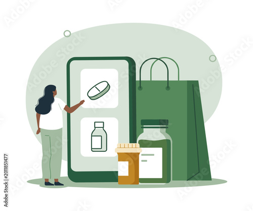 Tableau sur toile Woman ordering medicine online via smartphone app with e commerce pharmacy medic