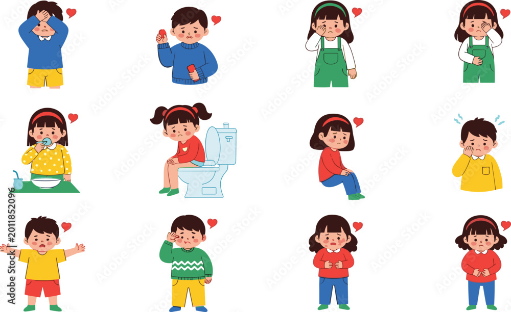 Fototapeta premium Cute Kids Illness Icon Set with Various Symptoms, Sick Child Poses and Emotions, Illustrations for Websites, Apps, and Digital Media Designs