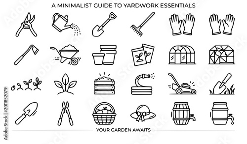 Bild auf Leinwand Yardwork animated line icon set with gardening tools plant growth and greenhouse