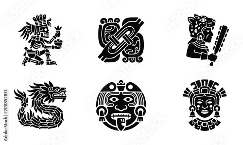 Ancient Mesoamerican Glyphs, Aztec Warrior Icon, Mayan Calendar Symbol, Skeleton Deity Art, Dragon Motif, Tribal Mask Vector Set