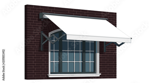 A white retractable fabric awning with dark grey folding arm supports is mounted over a modern window frame against a textured dark red brick building facade.