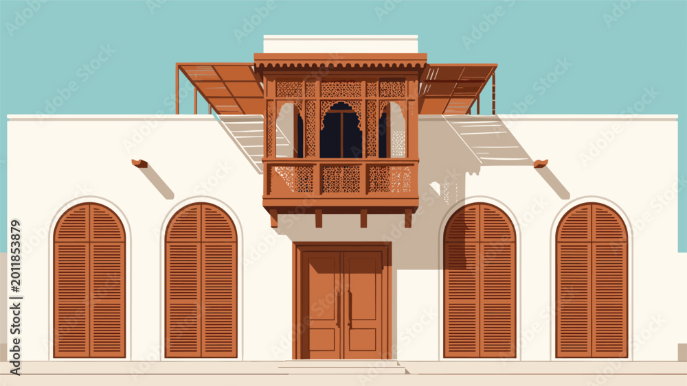 Fototapeta premium Front view of a traditional Arabian house facade featuring an ornate wooden mashrabiya balcony and arched windows.