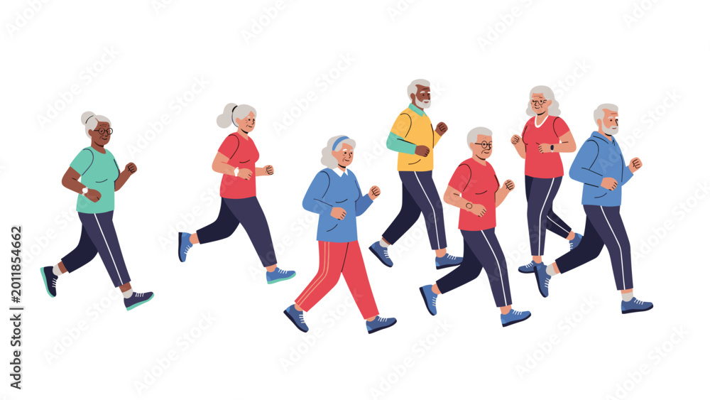 Fototapeta premium Group of active senior men and women in sportswear jogging together for exercise and health benefits on a plain white background.