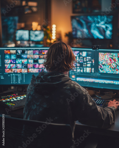 Video Editor Working at Multi Screen Production Desk in Dark Studio